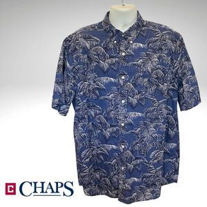 Chaps Blue Palm Leaf Casual Button Down Shirt, Size XL